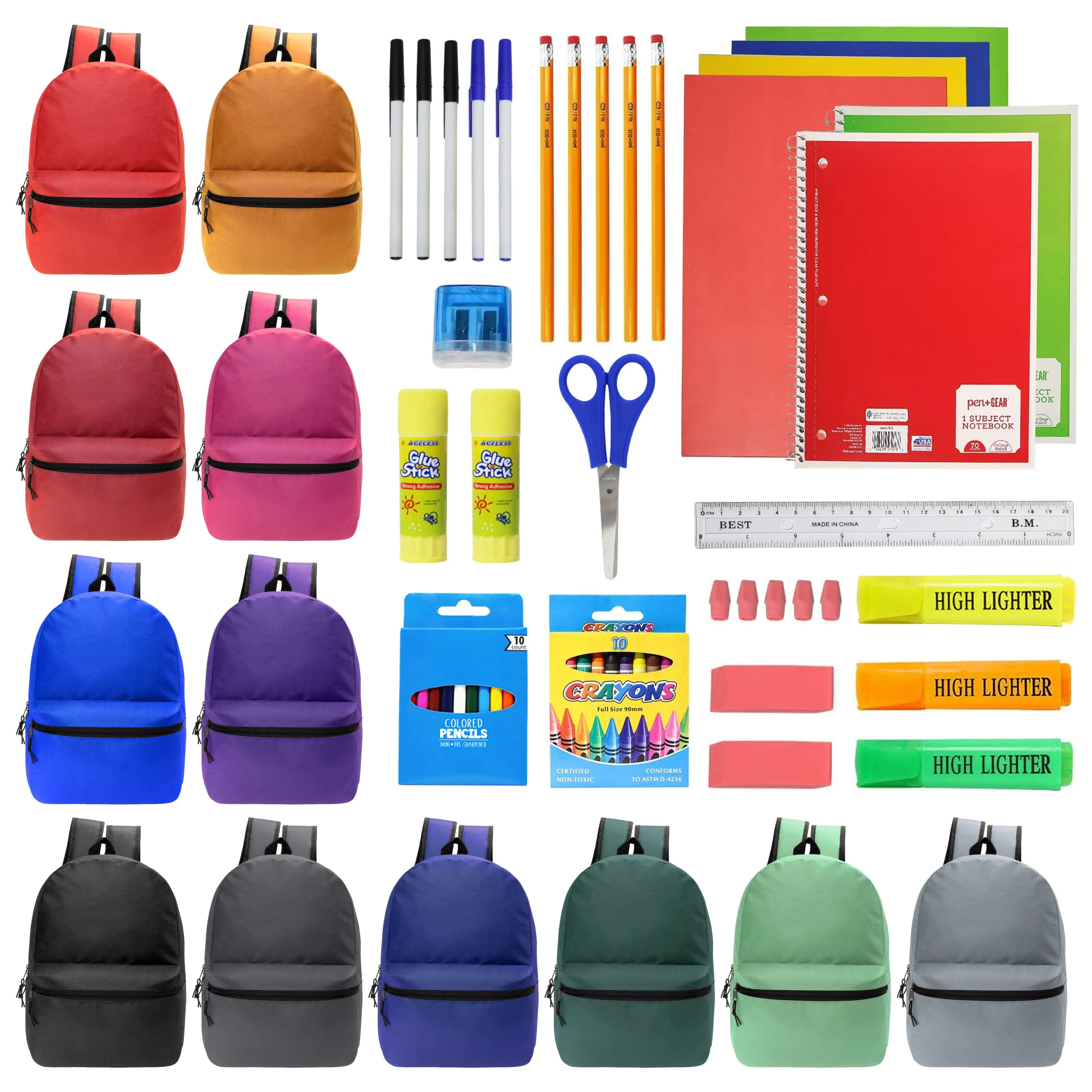 12 Wholesale 17" Basic Backpacks in 12 Assorted Colors & 12 Bulk School Supply Kits of Your Choice