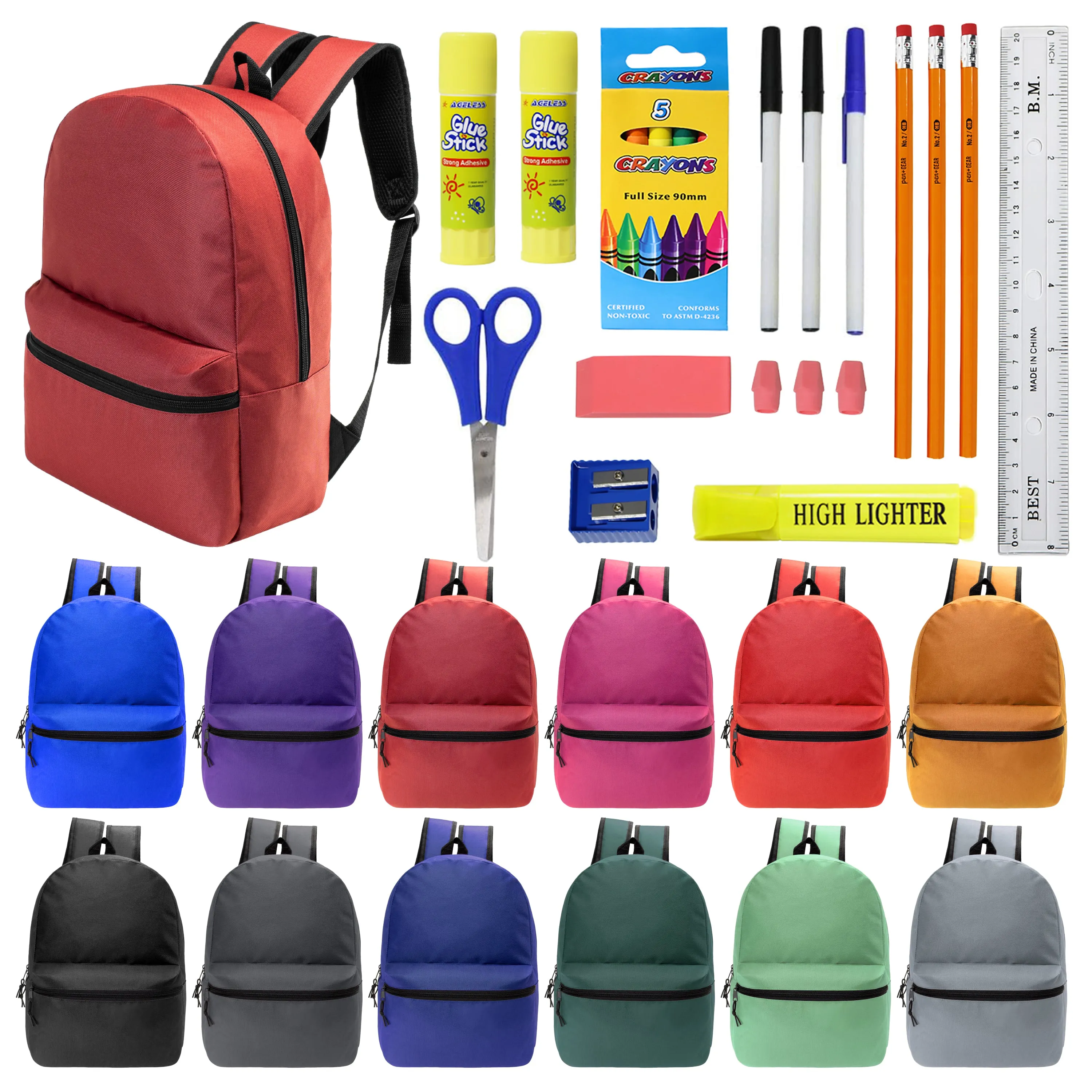 12 Wholesale 17" Basic Backpacks in 12 Assorted Colors & 12 Bulk School Supply Kits of Your Choice