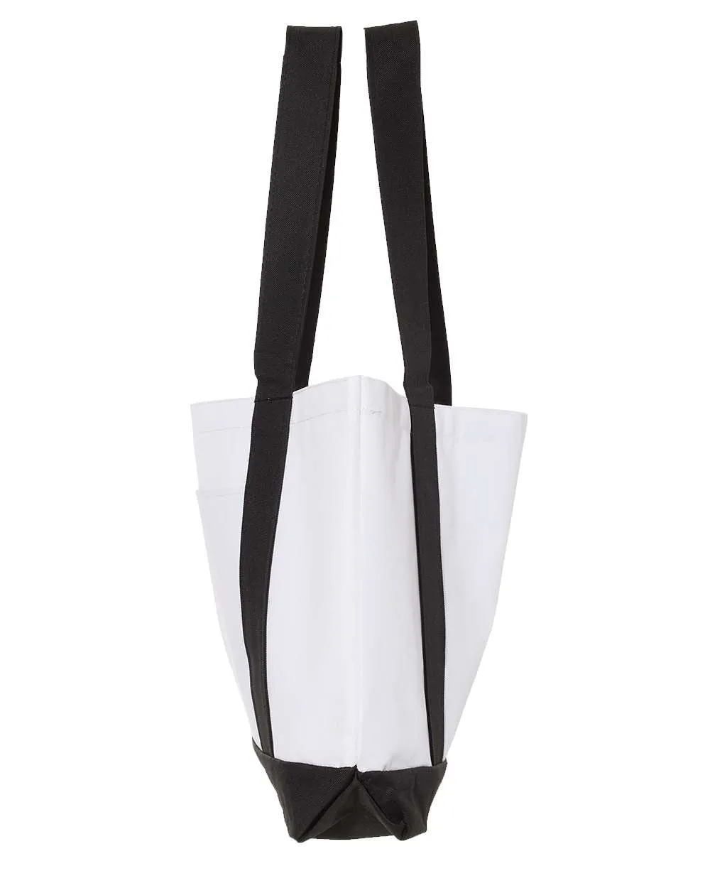 2-77 Shopping Bag, 18.5"W x 12"H with 3.5" depth. White Polyester with Black Straps and Bottom.