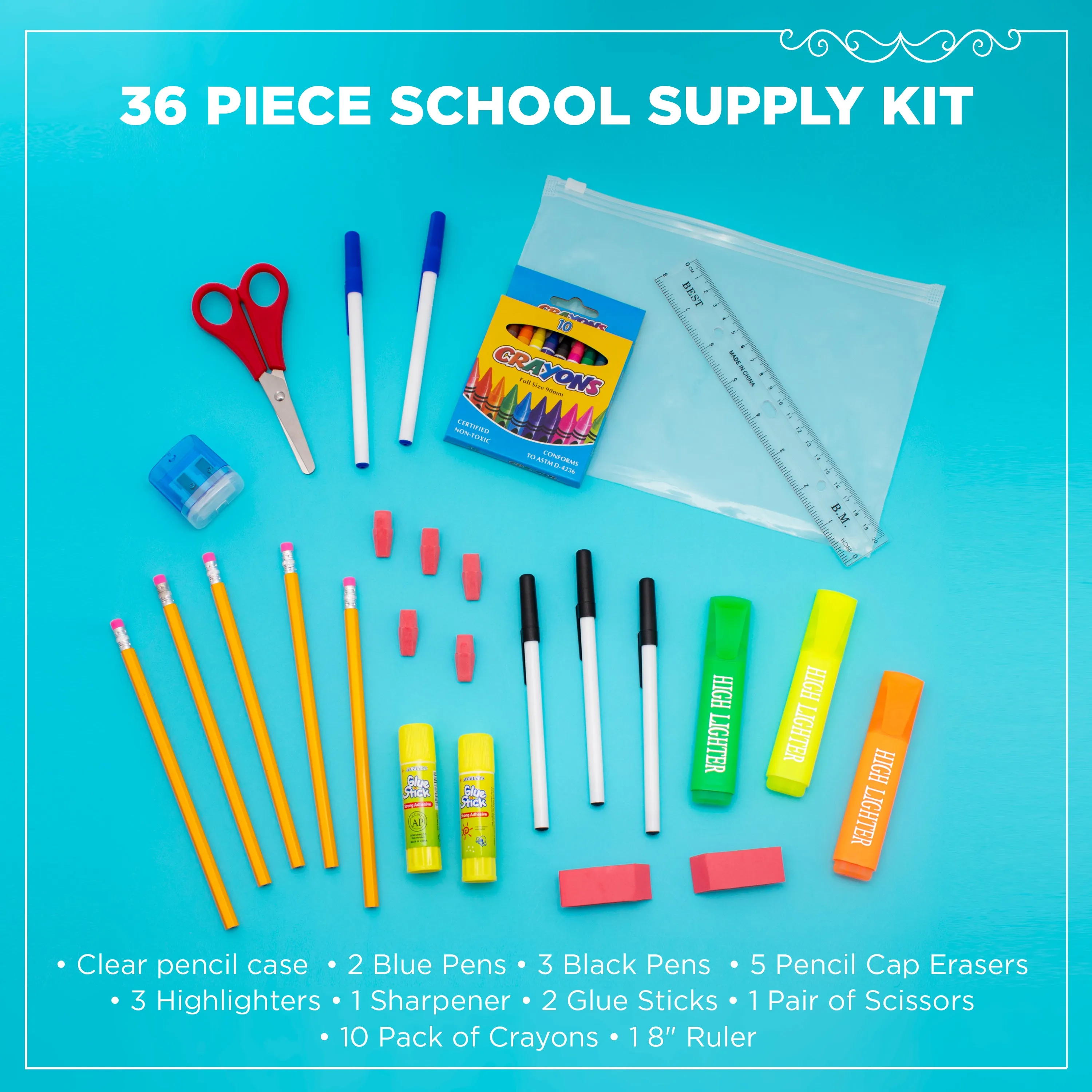 36 Piece Wholesale Basic School Supply Kits - Bulk Case of 48 Kits