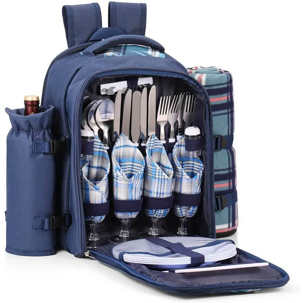 4-Person Picnic Bag Backpack with a Rug, Bottle Holder & Accessories