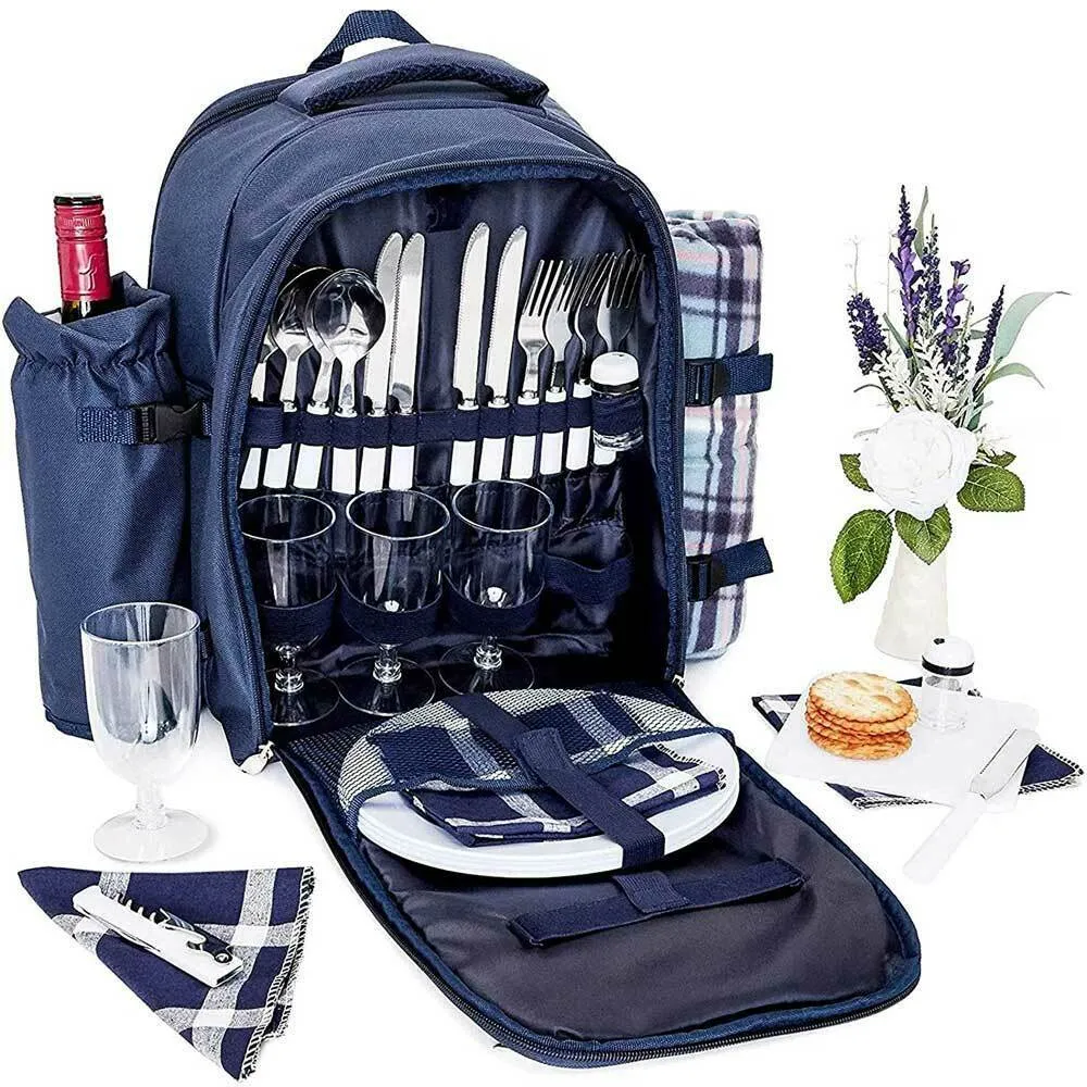 4-Person Picnic Bag Backpack with a Rug, Bottle Holder & Accessories