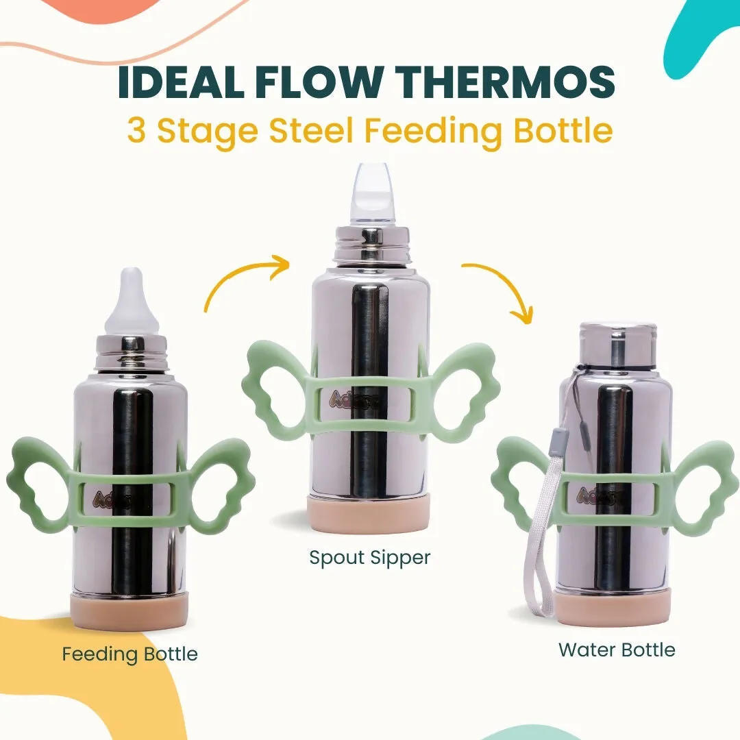 ADORE Ideal Flow 3 Stage Multipurpose Double Wall Insulated Thermos Baby Feeding Bottle Set with Silicon Handle & Base -240ml