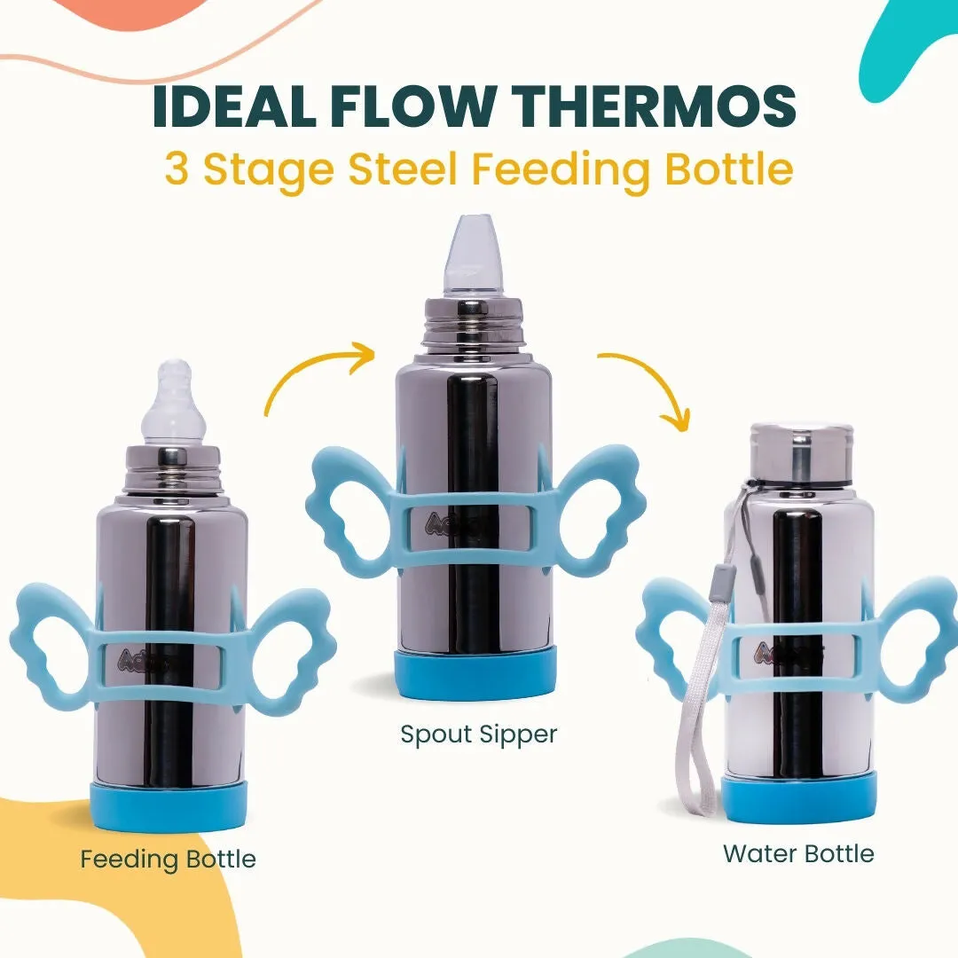 ADORE Ideal Flow 3 Stage Multipurpose Double Wall Insulated Thermos Baby Feeding Bottle Set with Silicon Handle & Base -240ml