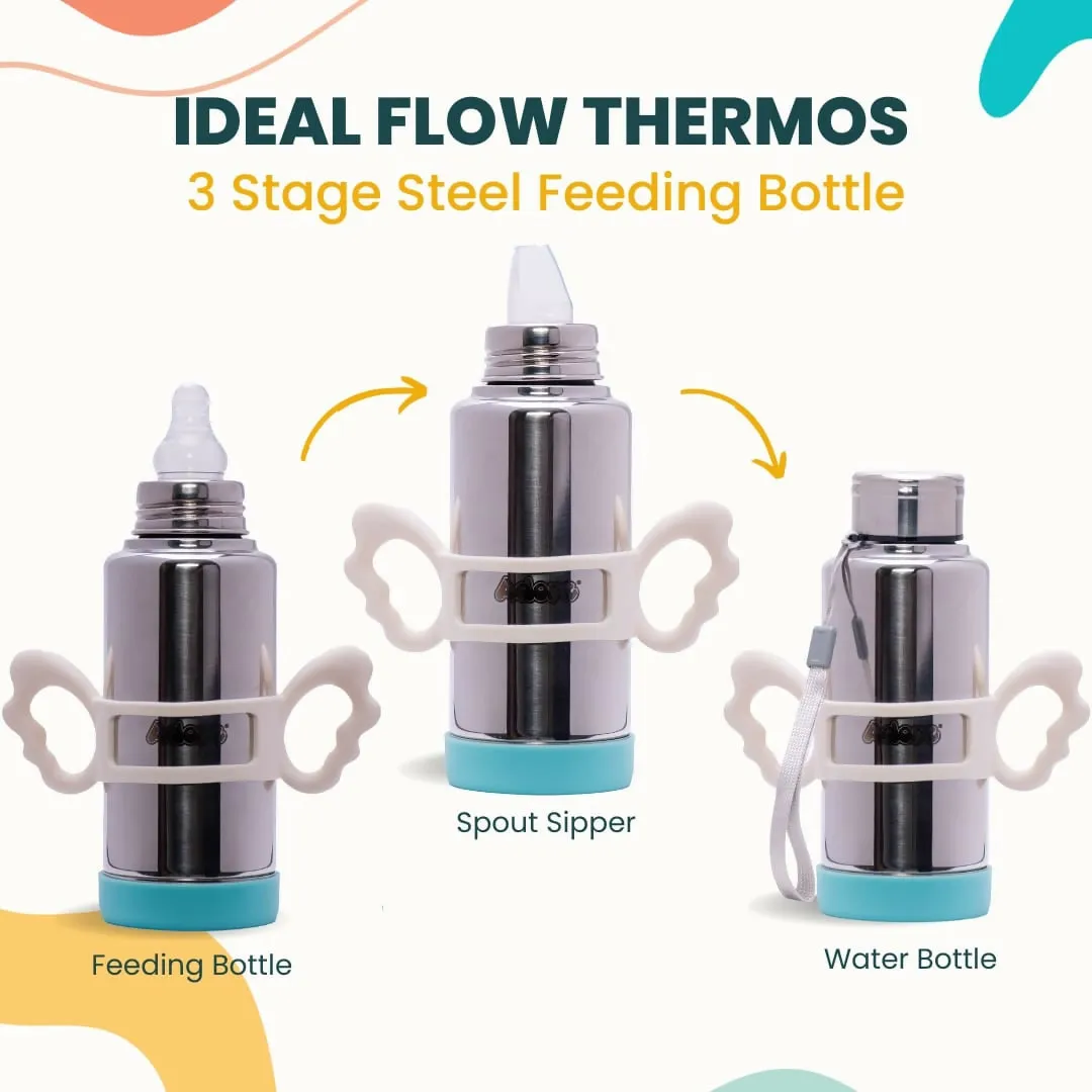 ADORE Ideal Flow 3 Stage Multipurpose Double Wall Insulated Thermos Baby Feeding Bottle Set with Silicon Handle & Base -240ml