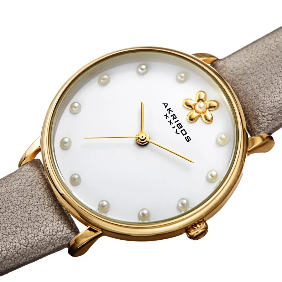 Akribos Xxiv Quartz White Dial Gold Leather Ladies Watch AK1084YG