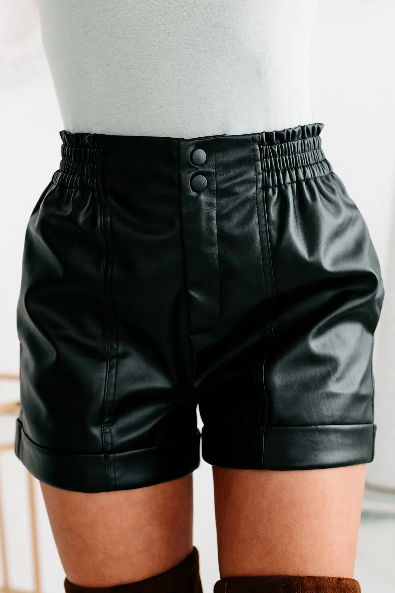 Back Faux More Faux Leather Elastic Waist Shorts (Black)