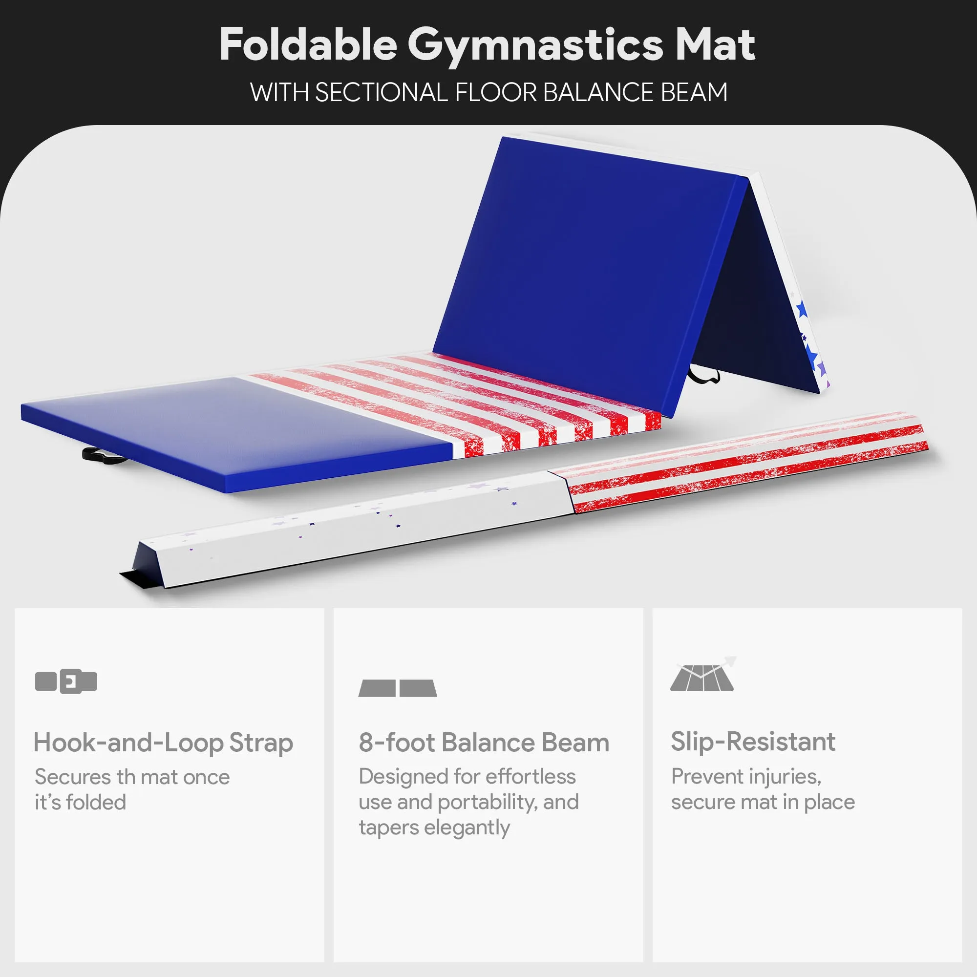 BalanceFrom Fitness Gymnastics Mat w/Sectional Floor Balance Beam,Red/White/Blue