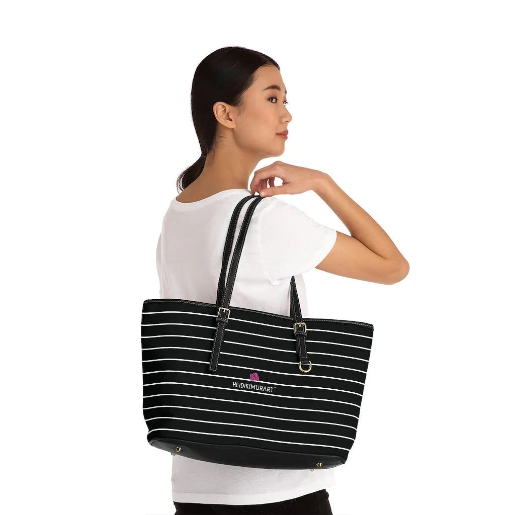 Black White Striped Tote Bag, 17"x11"/ 16"x10" Designer Striped PU Leather Shoulder Hand Bag