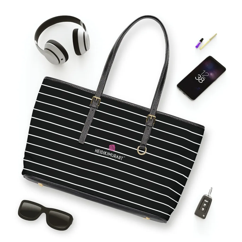 Black White Striped Tote Bag, 17"x11"/ 16"x10" Designer Striped PU Leather Shoulder Hand Bag