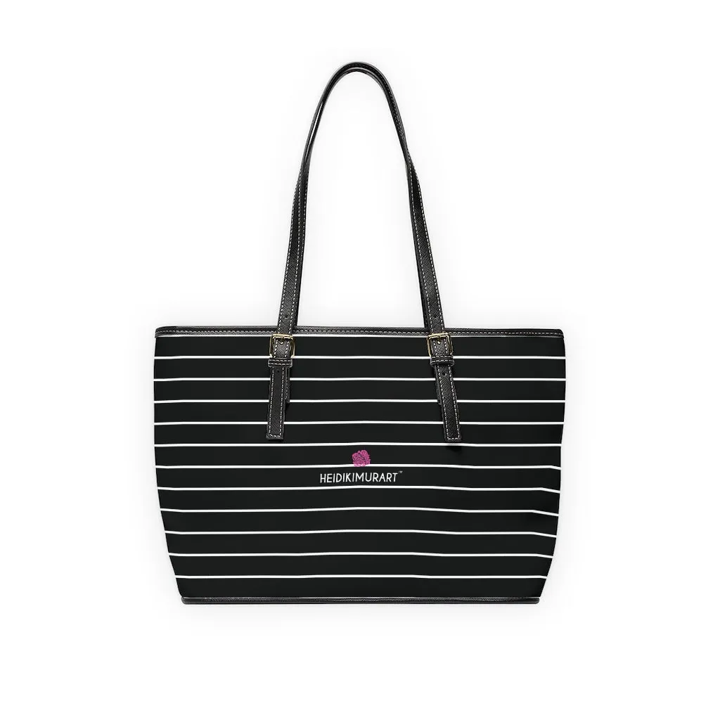 Black White Striped Tote Bag, 17"x11"/ 16"x10" Designer Striped PU Leather Shoulder Hand Bag