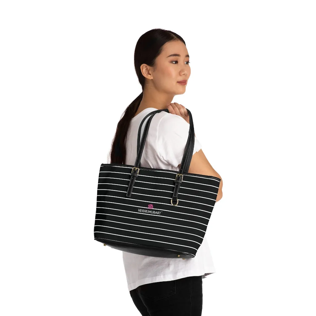 Black White Striped Tote Bag, 17"x11"/ 16"x10" Designer Striped PU Leather Shoulder Hand Bag