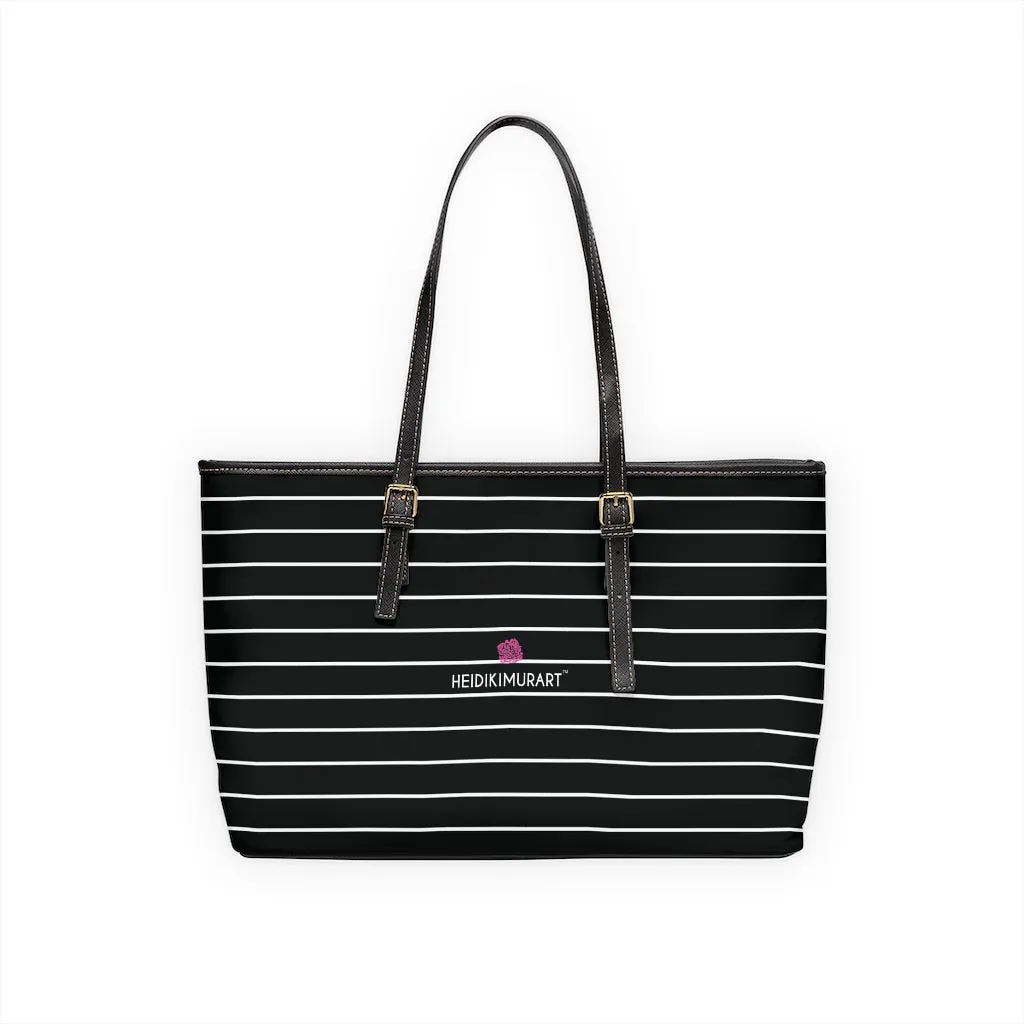 Black White Striped Tote Bag, 17"x11"/ 16"x10" Designer Striped PU Leather Shoulder Hand Bag