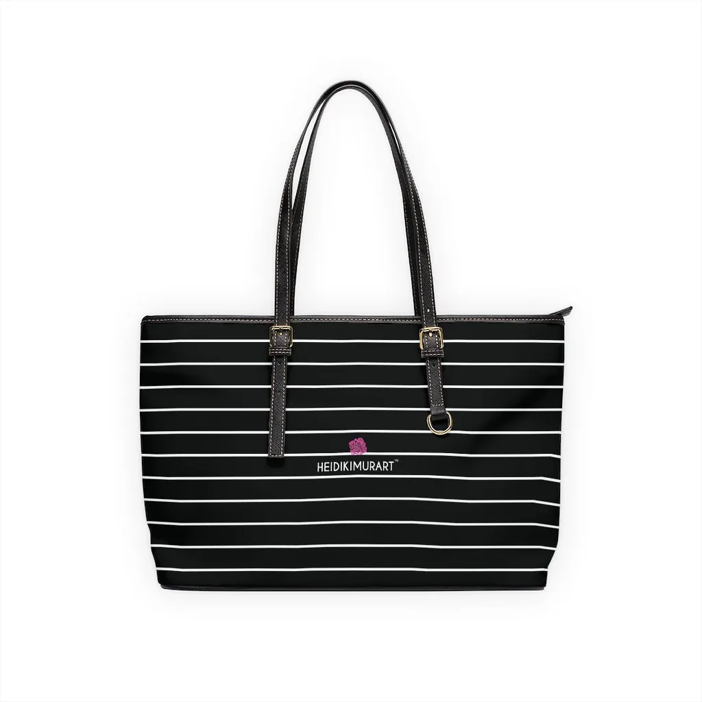 Black White Striped Tote Bag, 17"x11"/ 16"x10" Designer Striped PU Leather Shoulder Hand Bag