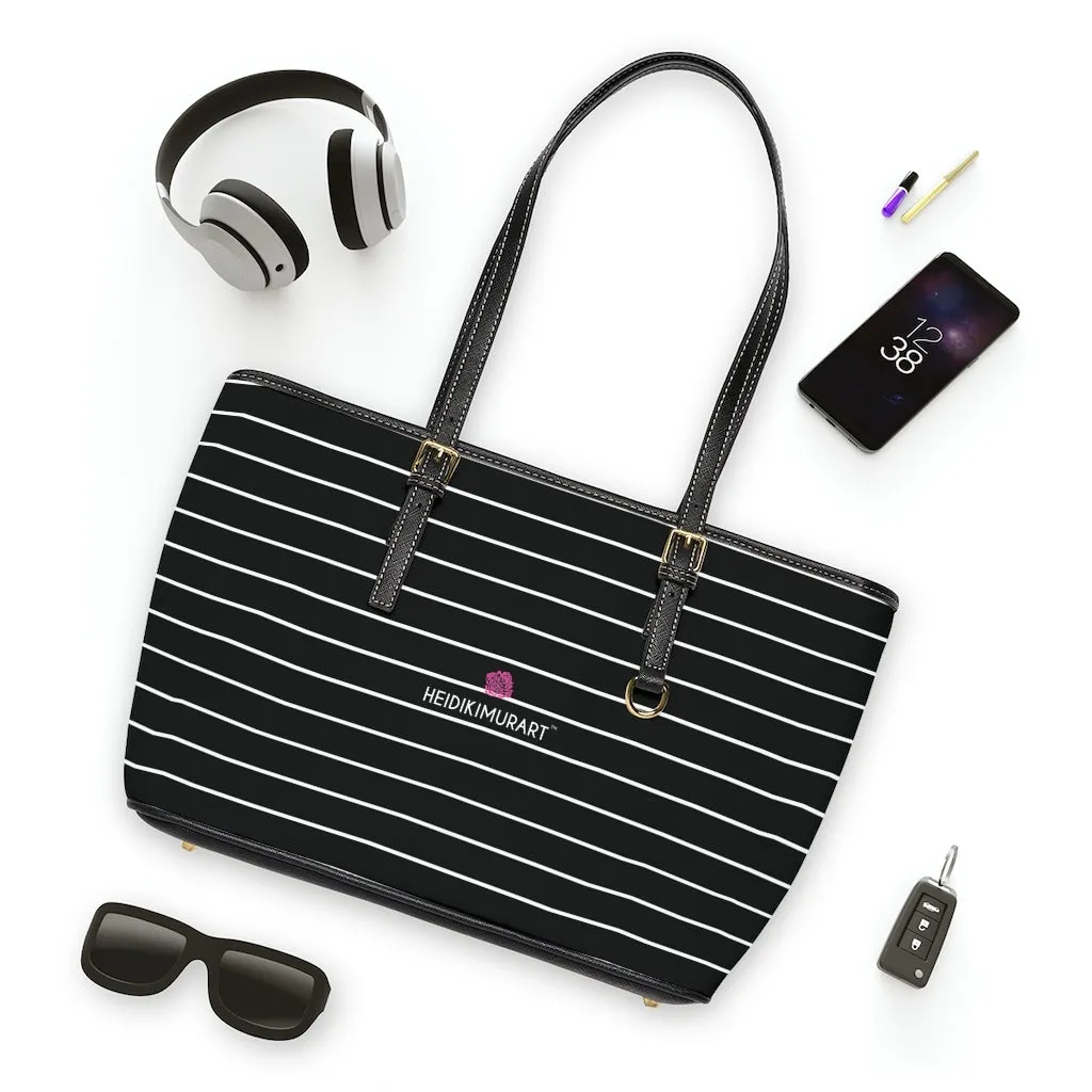 Black White Striped Tote Bag, 17"x11"/ 16"x10" Designer Striped PU Leather Shoulder Hand Bag