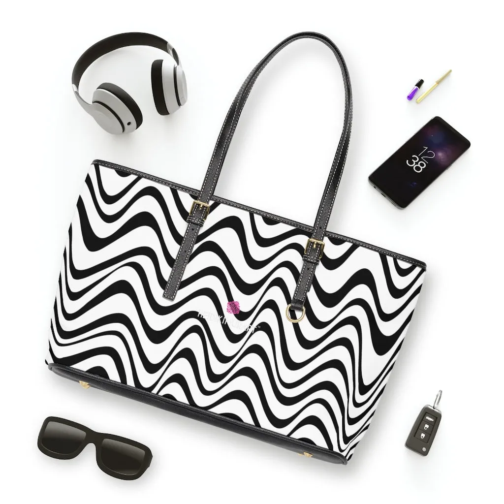 Black White Wavy Tote Bag, Best Abstract Waves PU Leather Shoulder Work Bag 17"x11"/ 16"x10"