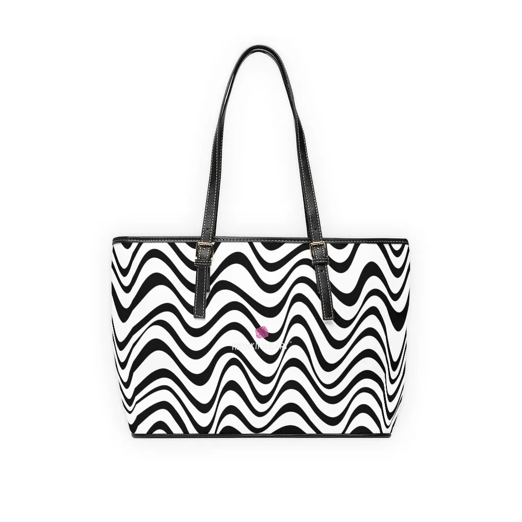 Black White Wavy Tote Bag, Best Abstract Waves PU Leather Shoulder Work Bag 17"x11"/ 16"x10"