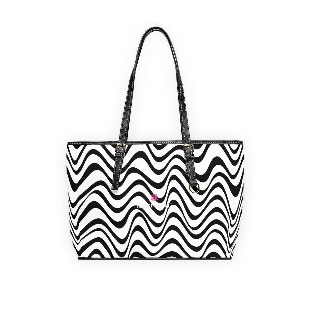 Black White Wavy Tote Bag, Best Abstract Waves PU Leather Shoulder Work Bag 17"x11"/ 16"x10"