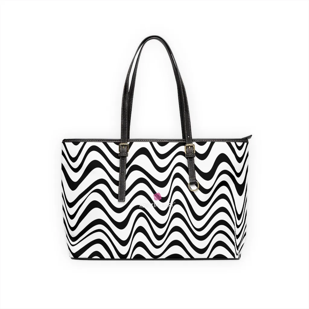 Black White Wavy Tote Bag, Best Abstract Waves PU Leather Shoulder Work Bag 17"x11"/ 16"x10"