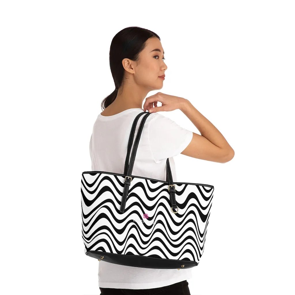 Black White Wavy Tote Bag, Best Abstract Waves PU Leather Shoulder Work Bag 17"x11"/ 16"x10"