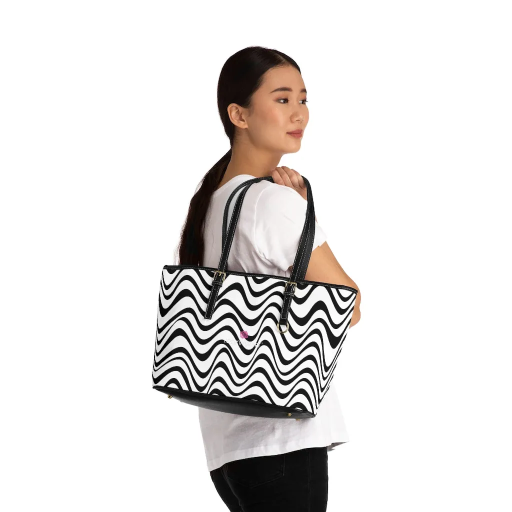 Black White Wavy Tote Bag, Best Abstract Waves PU Leather Shoulder Work Bag 17"x11"/ 16"x10"