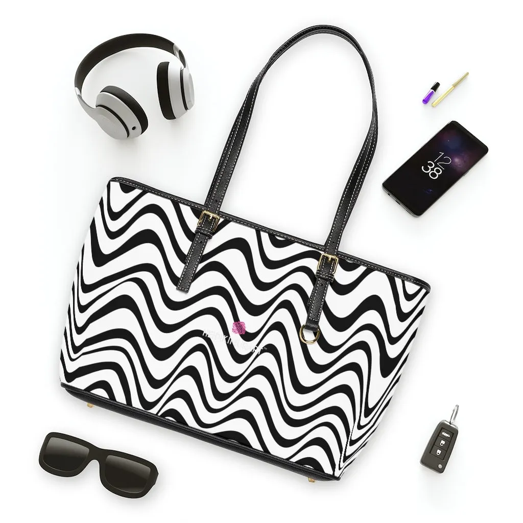 Black White Wavy Tote Bag, Best Abstract Waves PU Leather Shoulder Work Bag 17"x11"/ 16"x10"