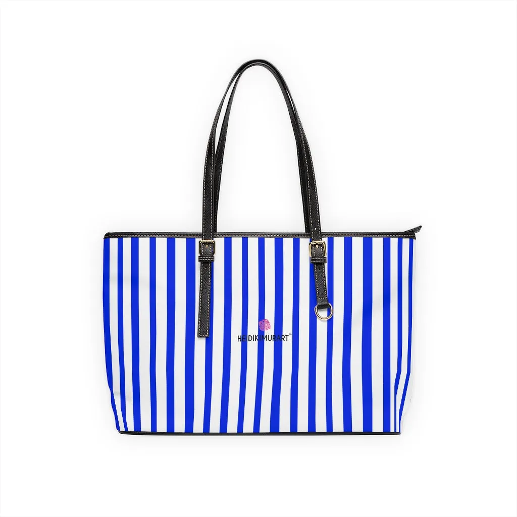 Blue Striped Best Tote Bag, Best Designer PU Leather Shoulder Hand Work Bag 17"x11"/ 16"x10"