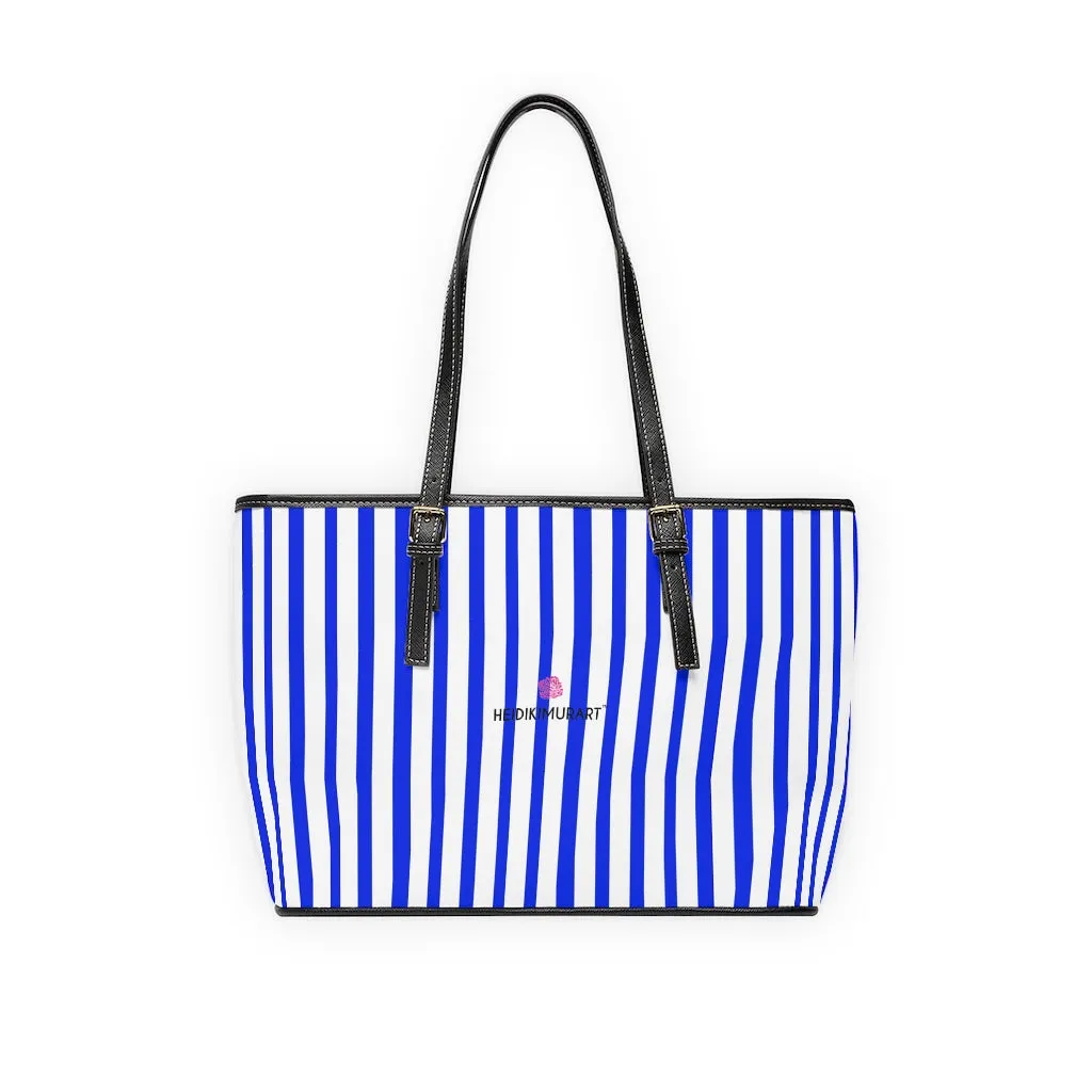 Blue Striped Best Tote Bag, Best Designer PU Leather Shoulder Hand Work Bag 17"x11"/ 16"x10"