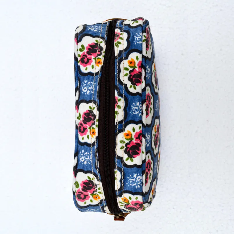 Blue toiletry handbag, rose print, shabby chic, laminated bag, make up or cosmetic bag, utility pouch.