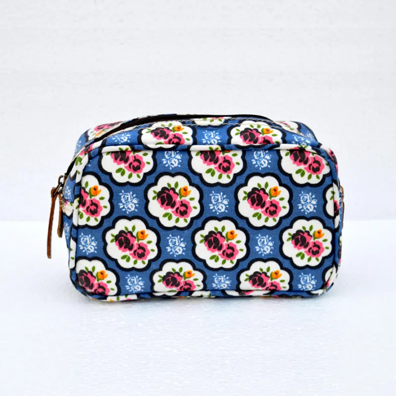 Blue toiletry handbag, rose print, shabby chic, laminated bag, make up or cosmetic bag, utility pouch.