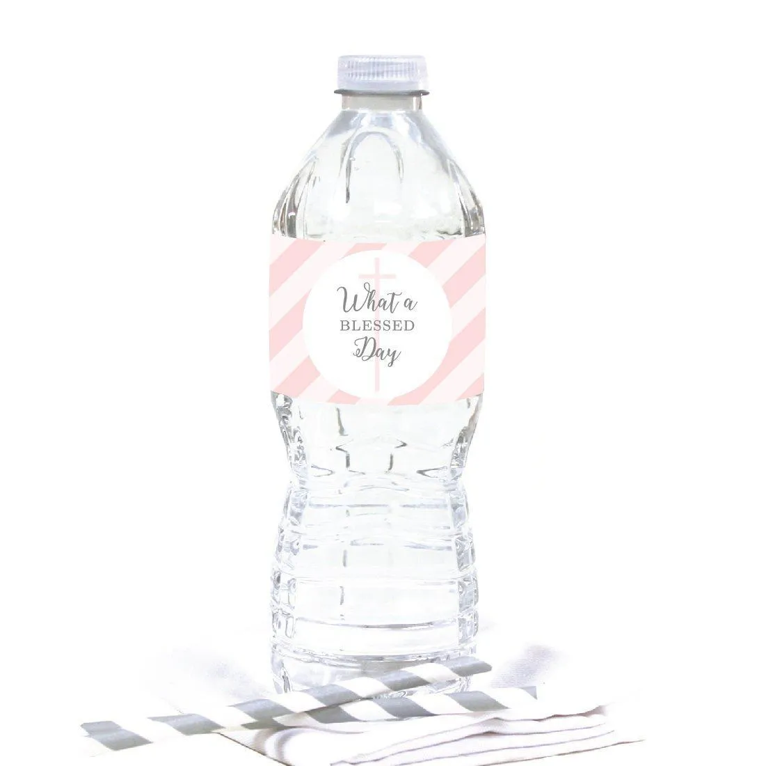 Blush Pink and Gray Baby Girl Baptism Water Bottle Label Stickers, What a Blessed Day