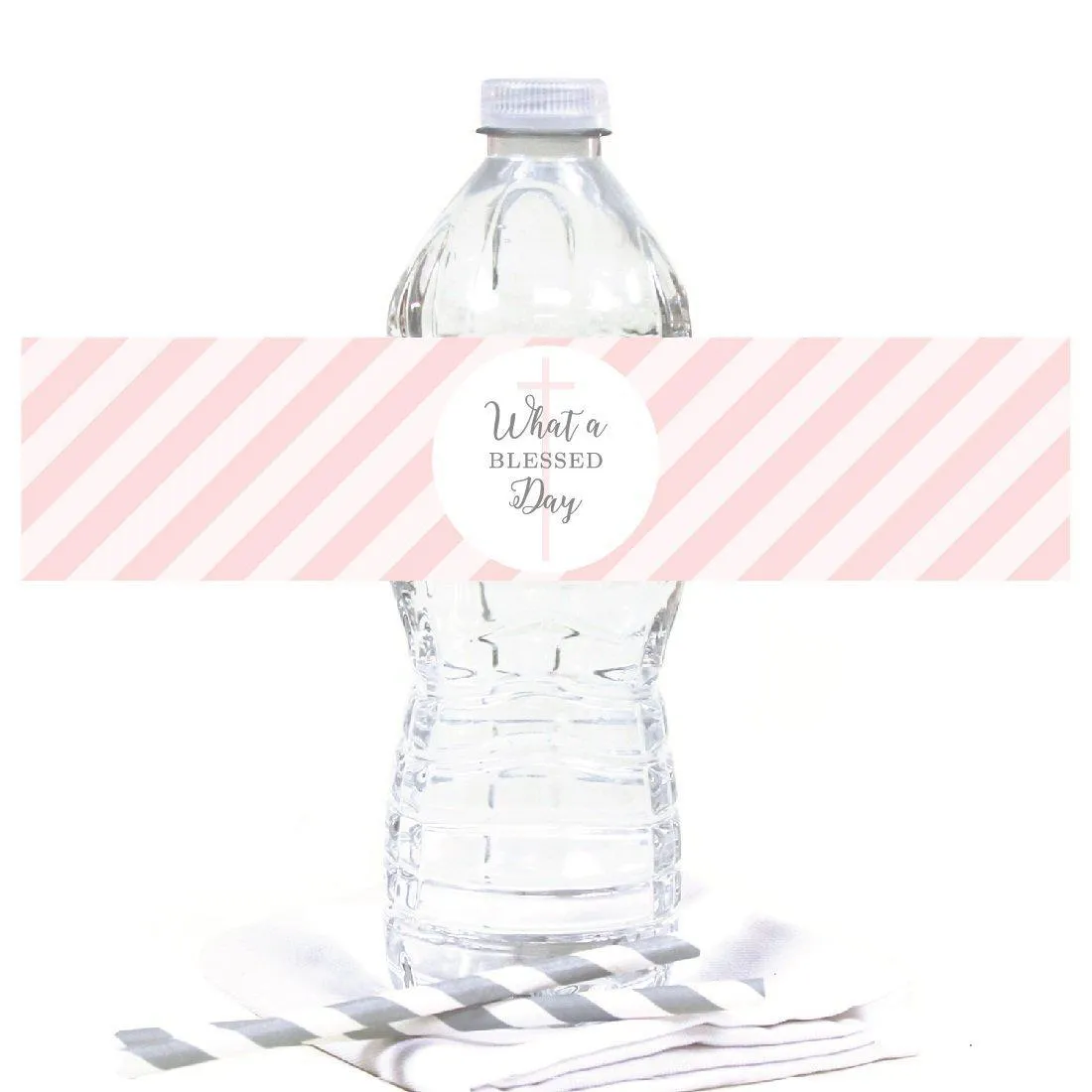 Blush Pink and Gray Baby Girl Baptism Water Bottle Label Stickers, What a Blessed Day