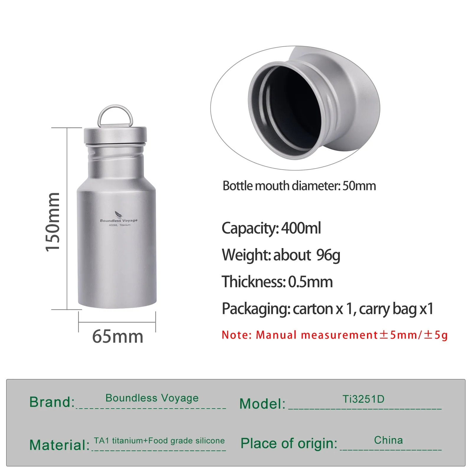 Boundless Voyage Titanium Water Bottle with Lid Wide Mouth Leak-Proof Reusable Sport Drinking Bottle for Camping  Picnic Tea Coffee