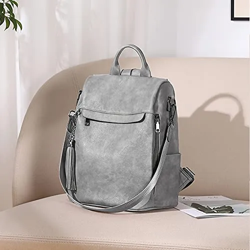 BROMEN Backpack Purse for Women Leather Anti-theft Travel Backpack Fashion Shoulder Bag Retro Grey