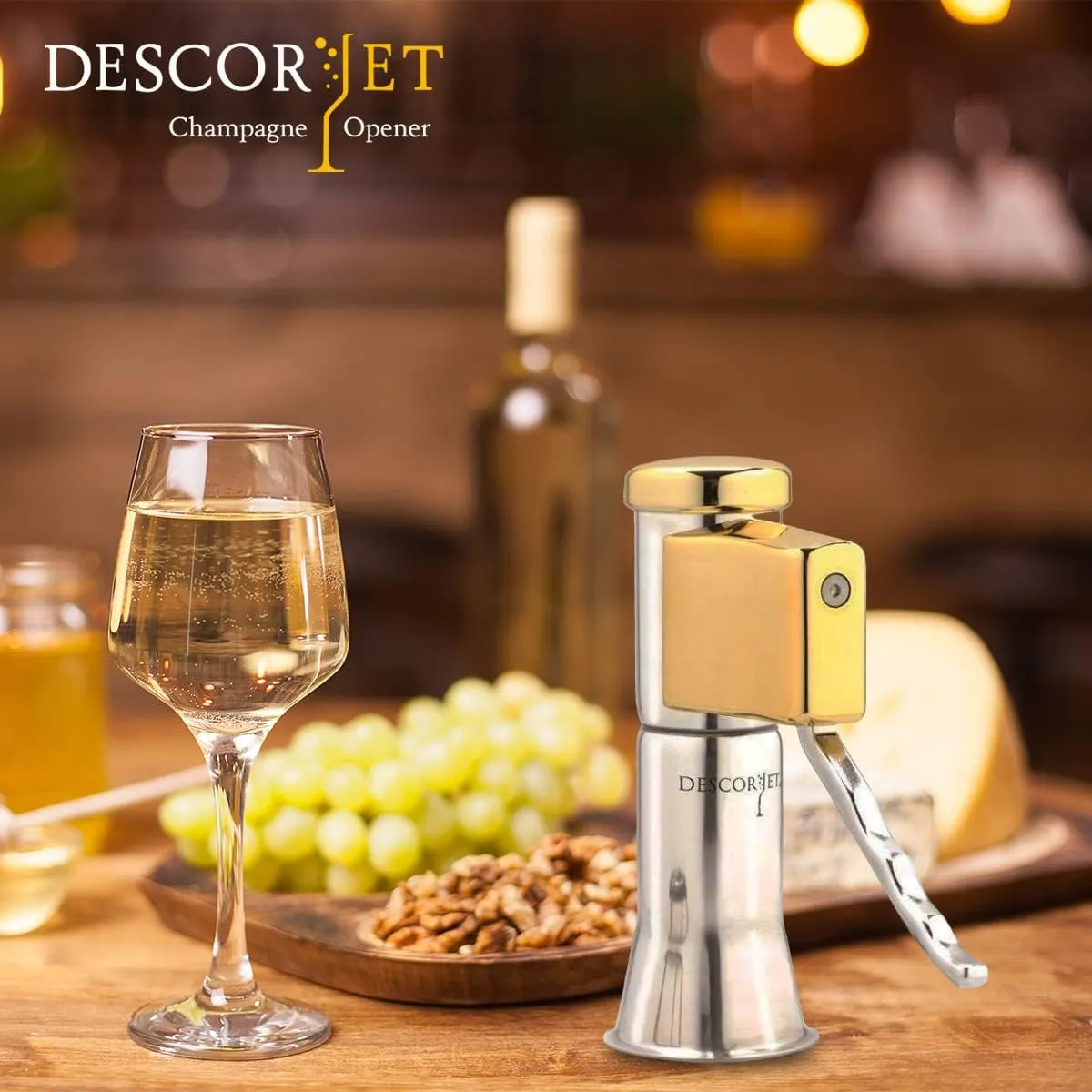 Champagne Bottle Opener, One-hand Corkscrew, Stainless Steel with Golden Details