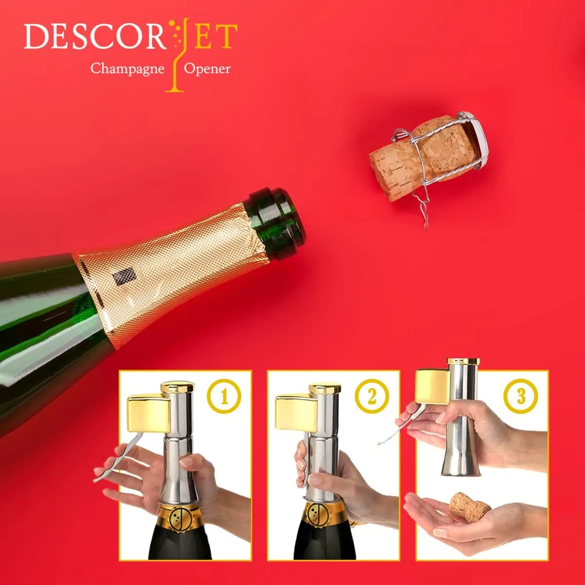 Champagne Bottle Opener, One-hand Corkscrew, Stainless Steel with Golden Details