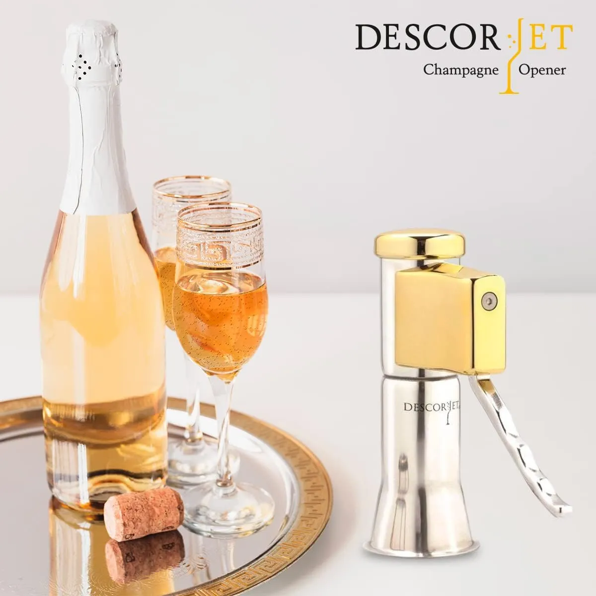 Champagne Bottle Opener, One-hand Corkscrew, Stainless Steel with Golden Details