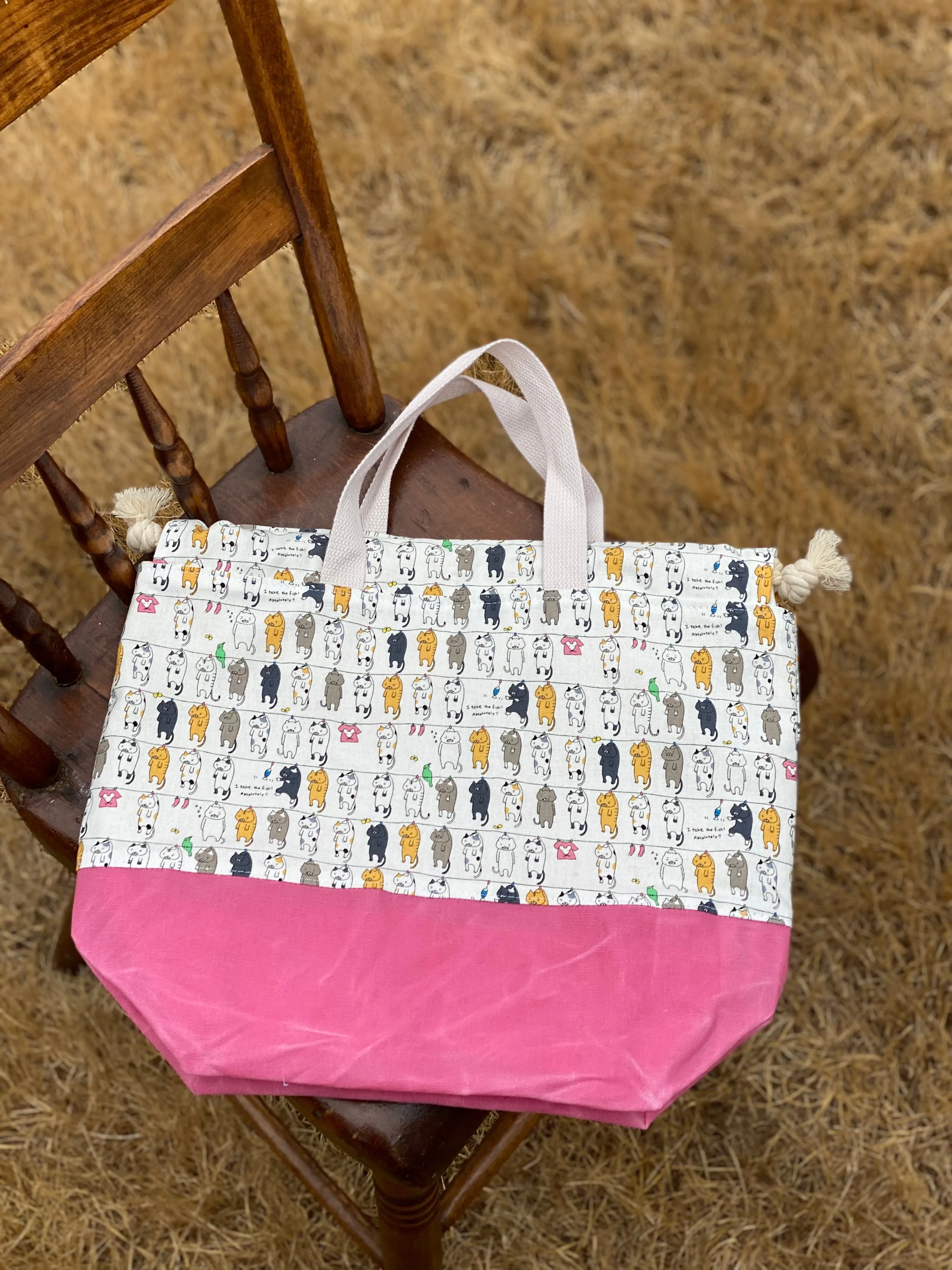 Clothesline Cats Waxed Canvas Project Bag, Whimsical Cats on a Clothes Line, Canvas Knitting Bag, Crochet Bag, Drawstring Bag