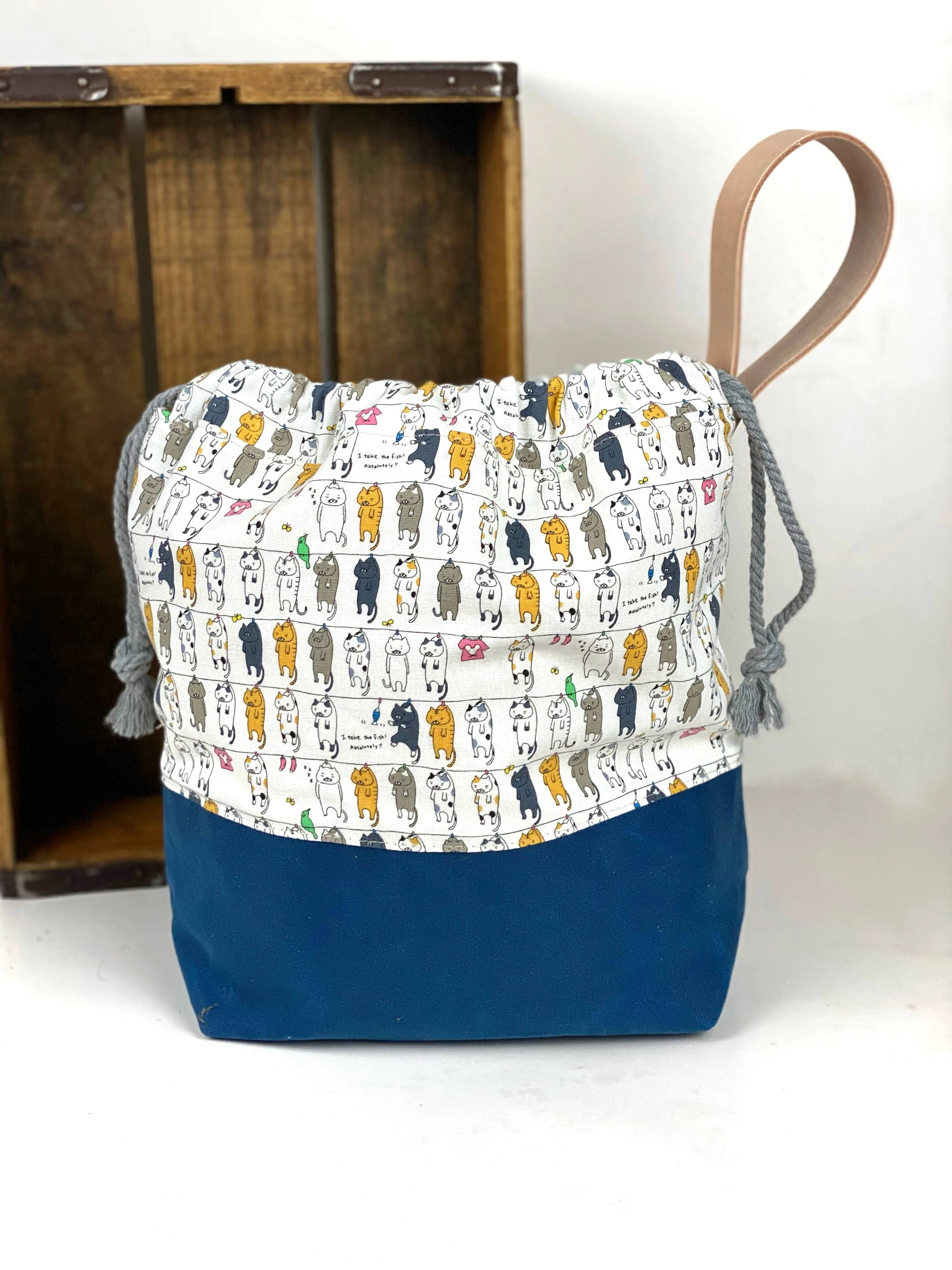 Clothesline Cats Waxed Canvas Project Bag, Whimsical Cats on a Clothes Line, Canvas Knitting Bag, Crochet Bag, Drawstring Bag