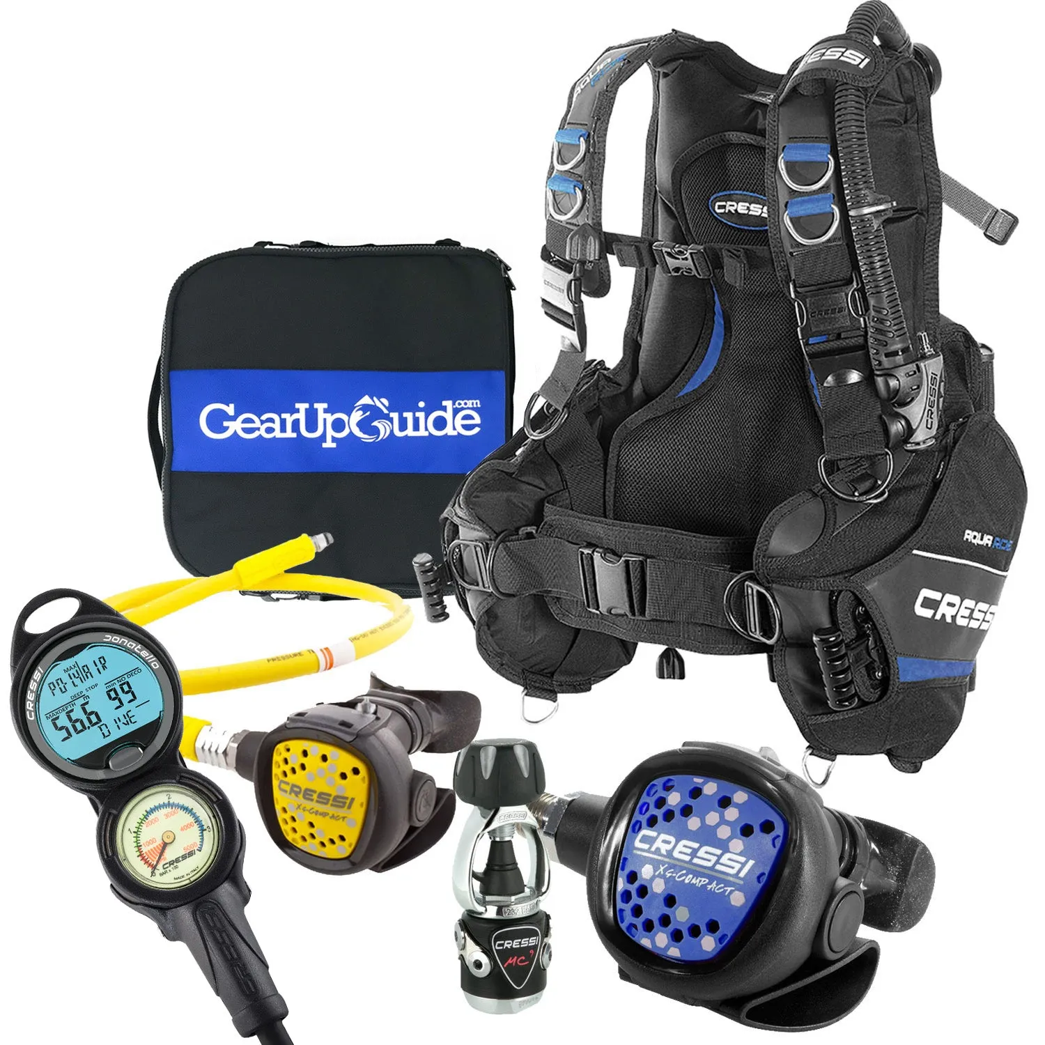 Cressi Aquaride Blue Pro BCD Scuba Gear Package w/ MC9 Compact Regulator & Octo Donatello Console 2 Dive Computer w/ GupG Reg Bag