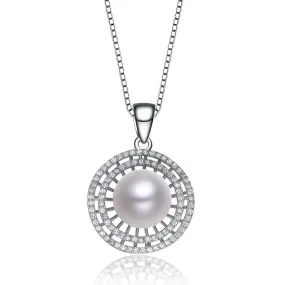 Cz .925 Sterling Silver Rhodium Plated Round Pearl Pendant