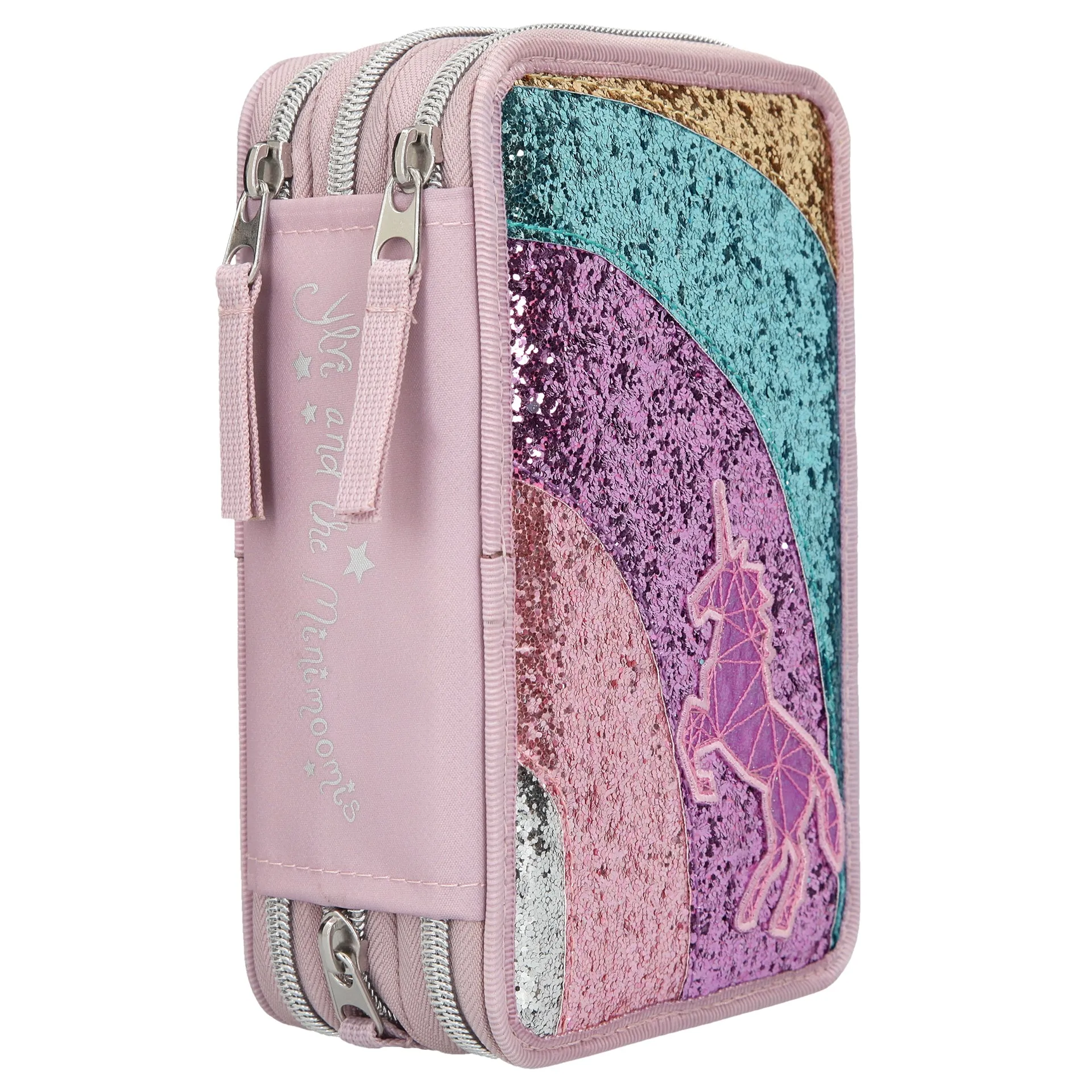 Depesche Ylvi Filled Triple Pencil Case Rainbow Glitter Mauve