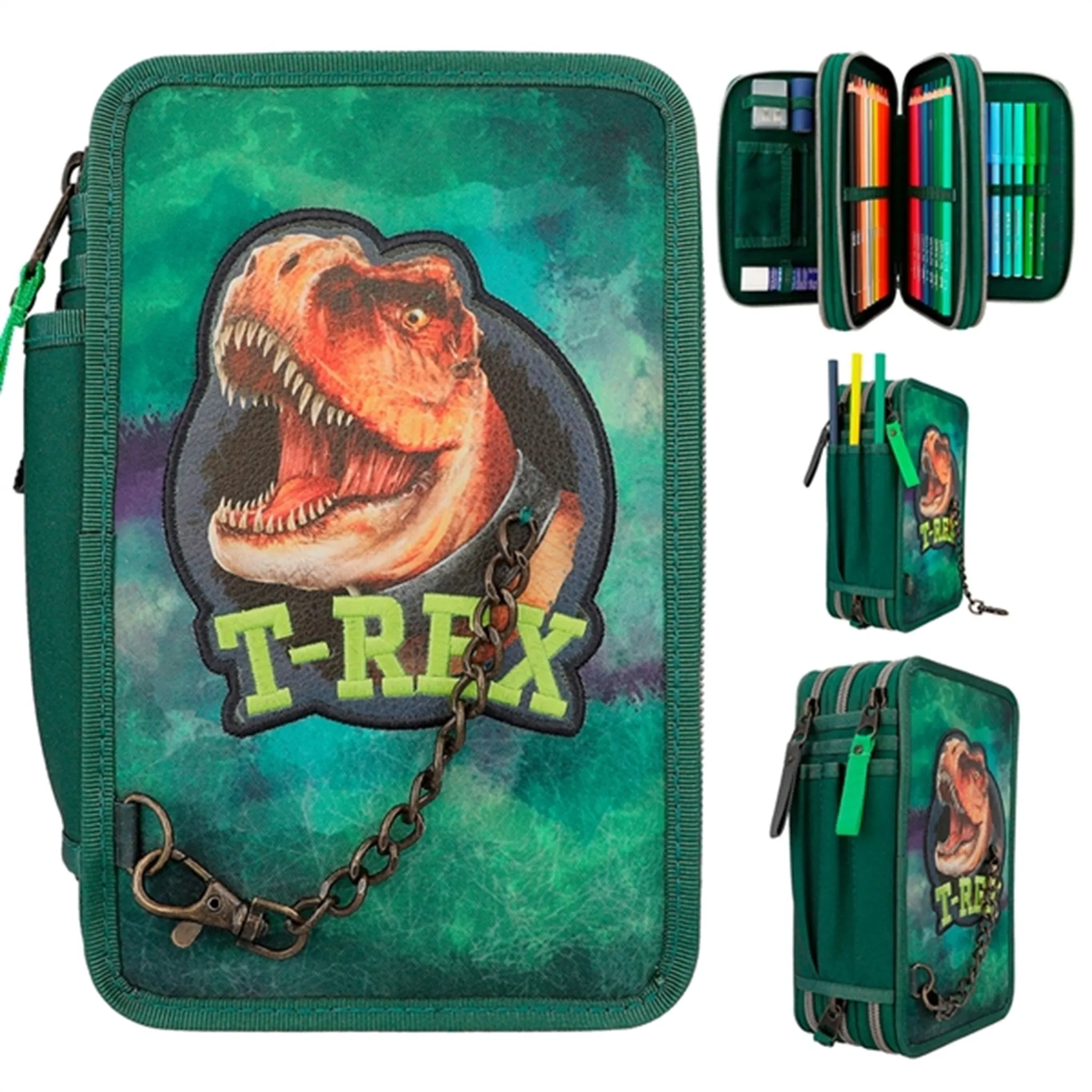 Dino World Triple Pencil Case With Chain Green