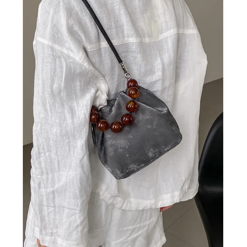 DUNNMALL New Chinese Style Beads String Small Handbag Women's  New Niche Cowhide National Style Shell Bag Genuine Leather Shoulder Underarm Bag