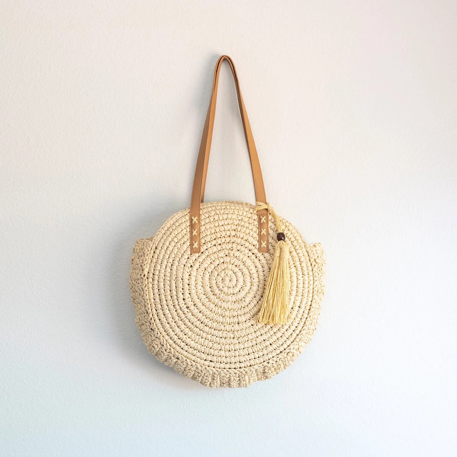 Elena Handbags Straw Woven Round Tote with Leather Strap and Tassel