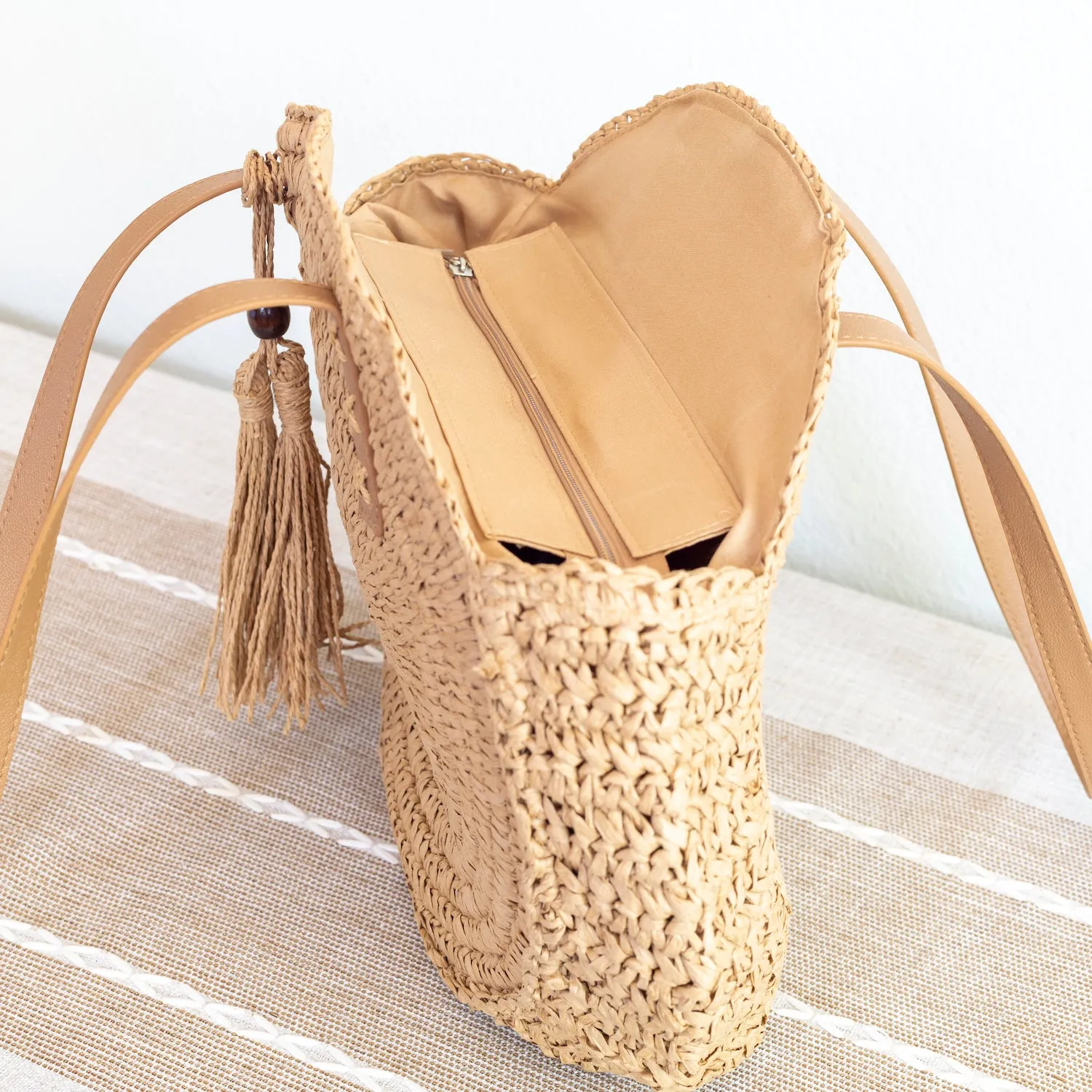 Elena Handbags Straw Woven Round Tote with Leather Strap and Tassel