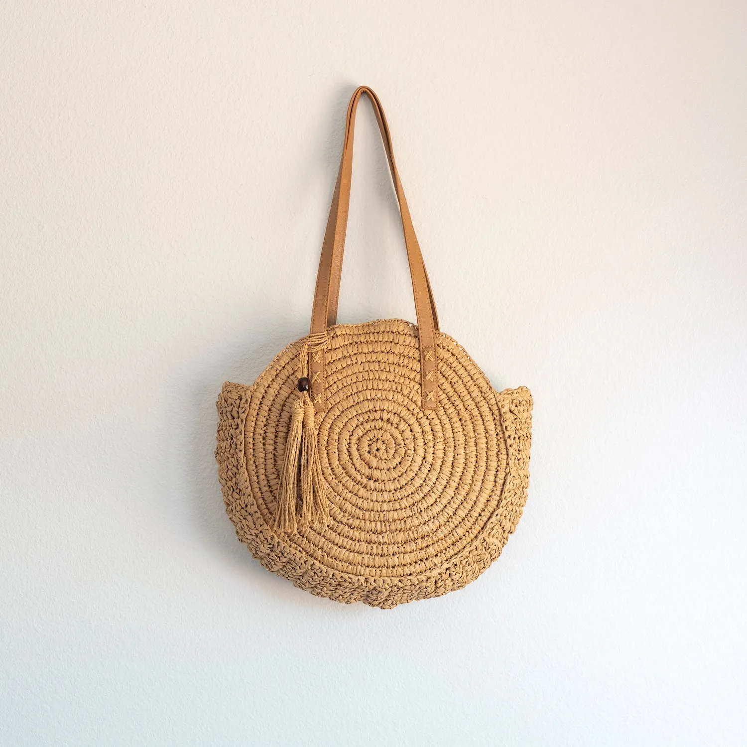 Elena Handbags Straw Woven Round Tote with Leather Strap and Tassel