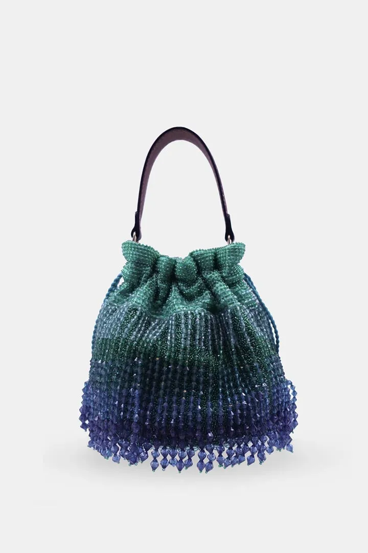 Emerald Green Potli Bag Embellished With Crystal Fringes And A Drawstring