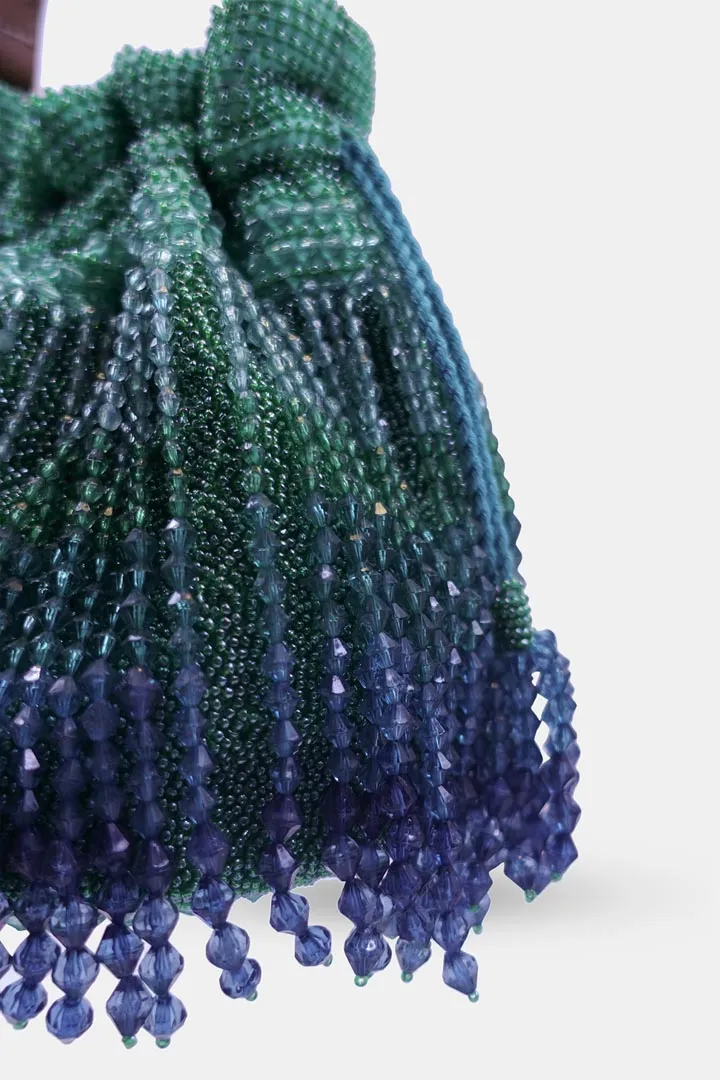 Emerald Green Potli Bag Embellished With Crystal Fringes And A Drawstring