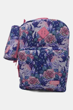 Girls Pink And Blue Printed Roco Backpack With Pencil Case (17 Inch)